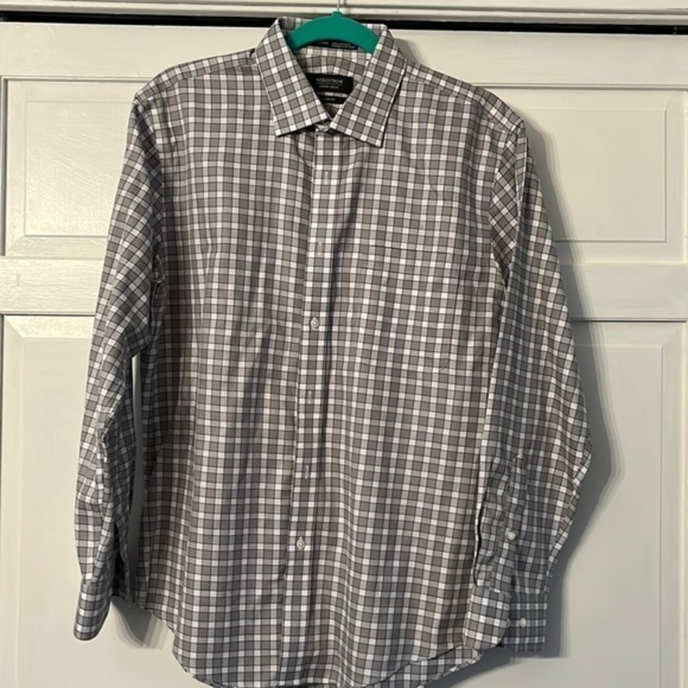 Mens Nordstrom grey and white checked button down 15.5 neck 32-33 trim fit